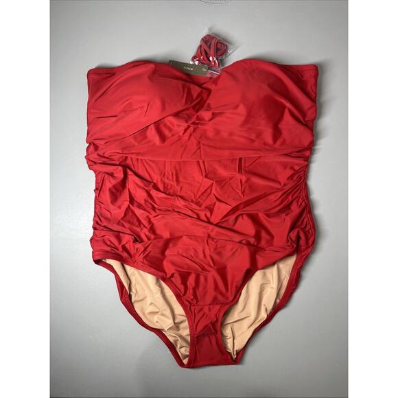 J Crew Ruched Bandeau One Piece Swimsuit Womens 22 Bright Cerise Red Classic - Picture 1 of 7